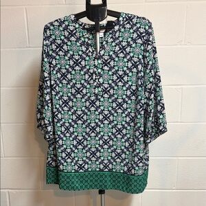 CJ Banks Blouse Womens 1X Blue Floral 3/4 Sleeve 1/4 Button Pullover